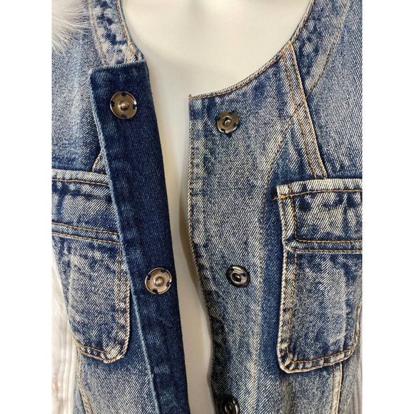 Womens Denim Top or Jacket w Rabbit Fur Knit Ribbed Sleeves Snap Down S Sz 4 - Picture 6 of 10